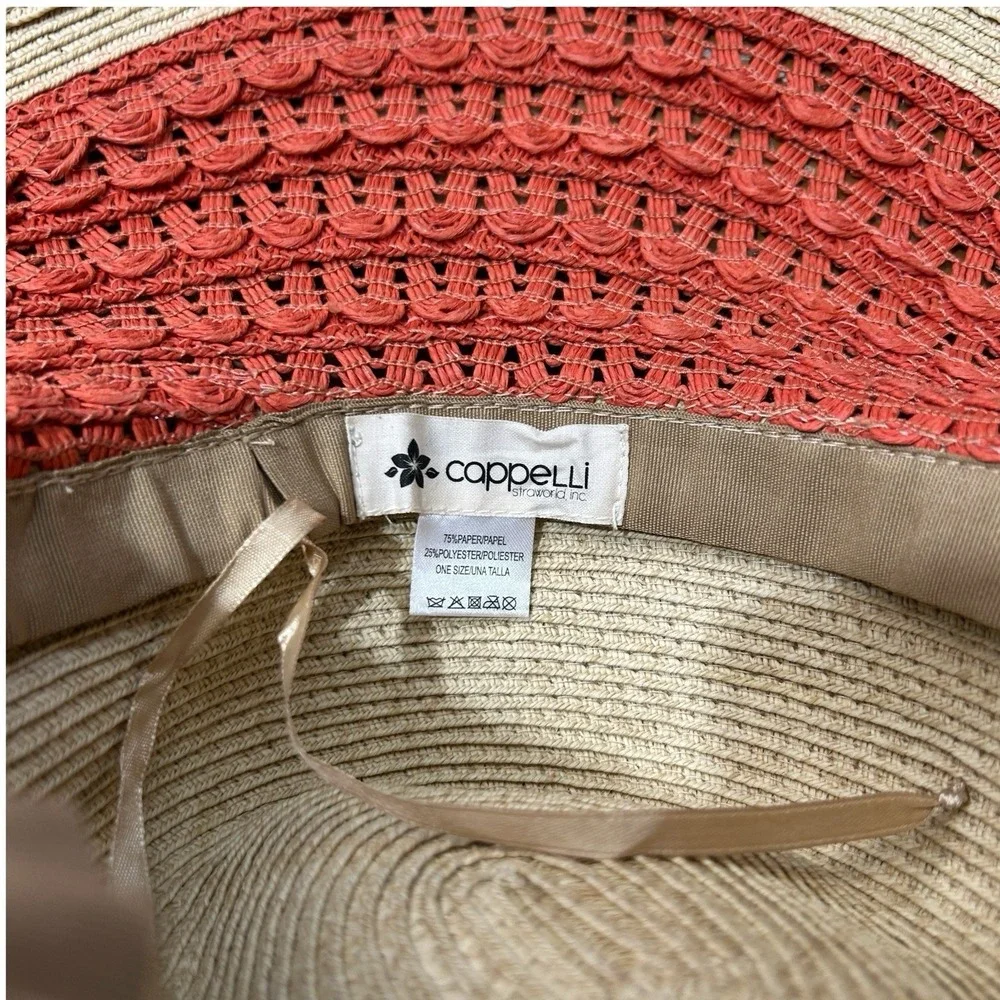 CAPPELLI Wide Brim Straw Hat Beige Orange Rope Band Metal Flower OS Summertime